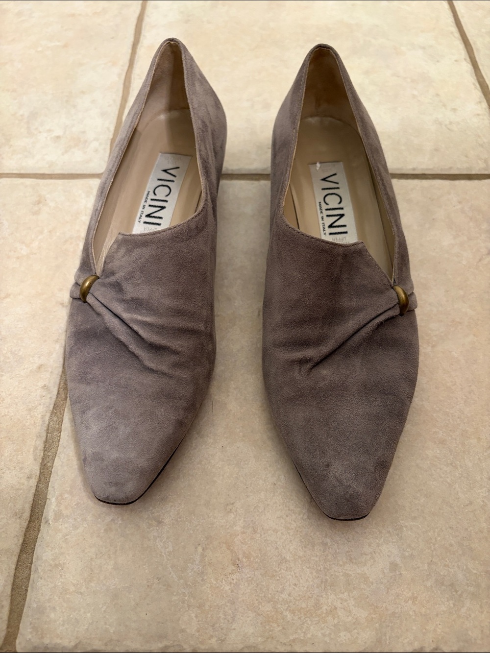 Vicini Gray Suede Pointed Toe Slip-On Flats with Gold-Tone Ring Accent Size 39